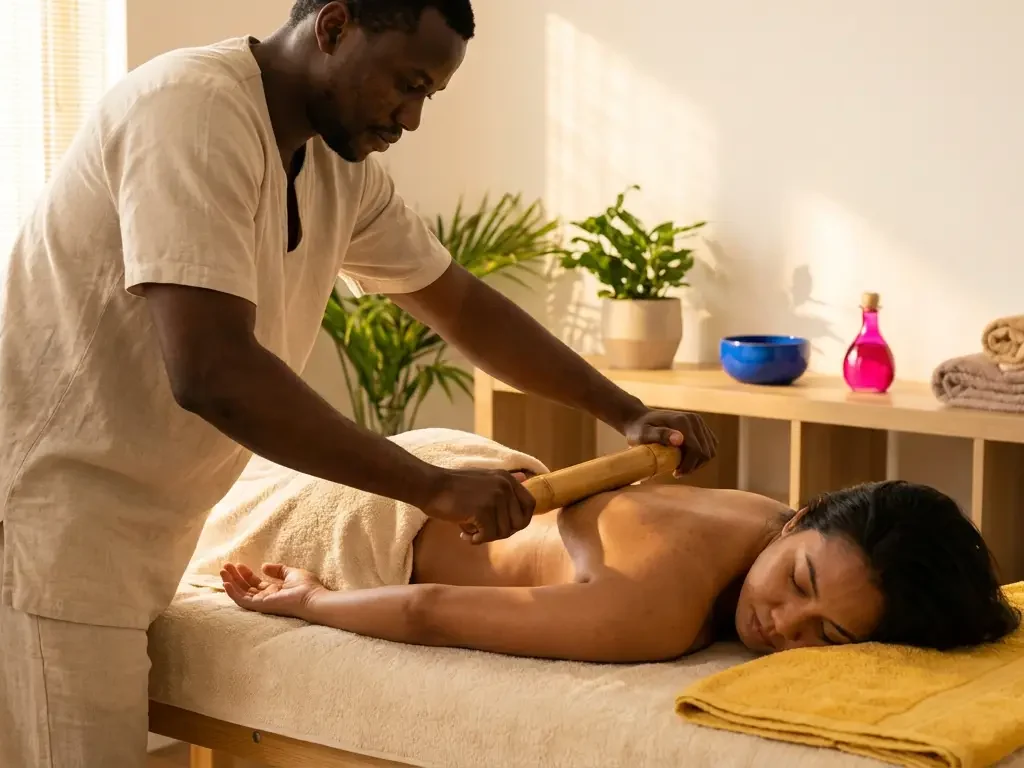 Bambuterapia: Descubra como essa Técnica de Massagem pode Transformar o seu Corpo 1 homem fazendo massagem com bambu em mulher
