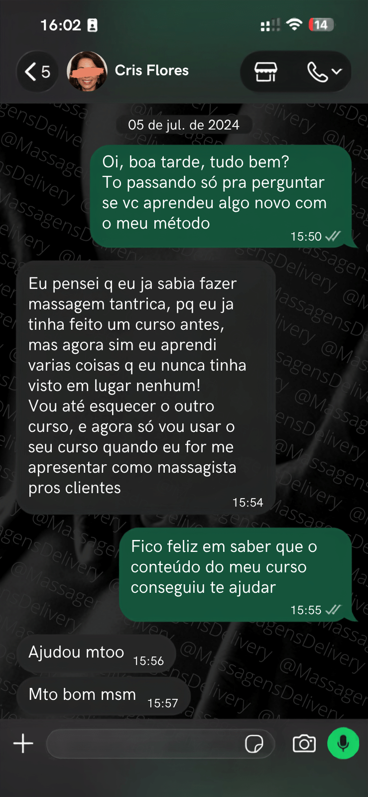 Depoimento da Cris dizendo que vai abandonar seu curso de massagem para aderir completamente ao método cury de massagem tântrica
